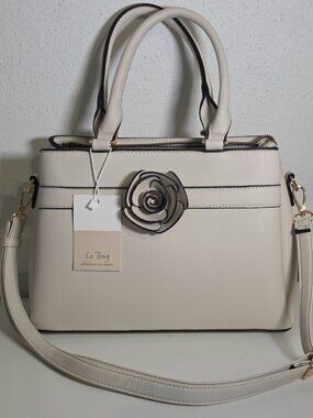 Le Bag NEW Ivory Colored Faux Leather Purse Handbag 3D Rose Three Sections